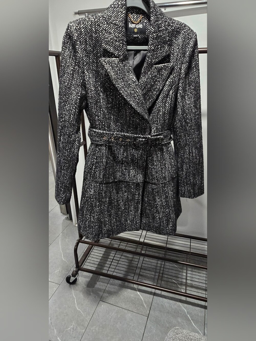 kensie Black & White Herringbone Belted Trench Coat